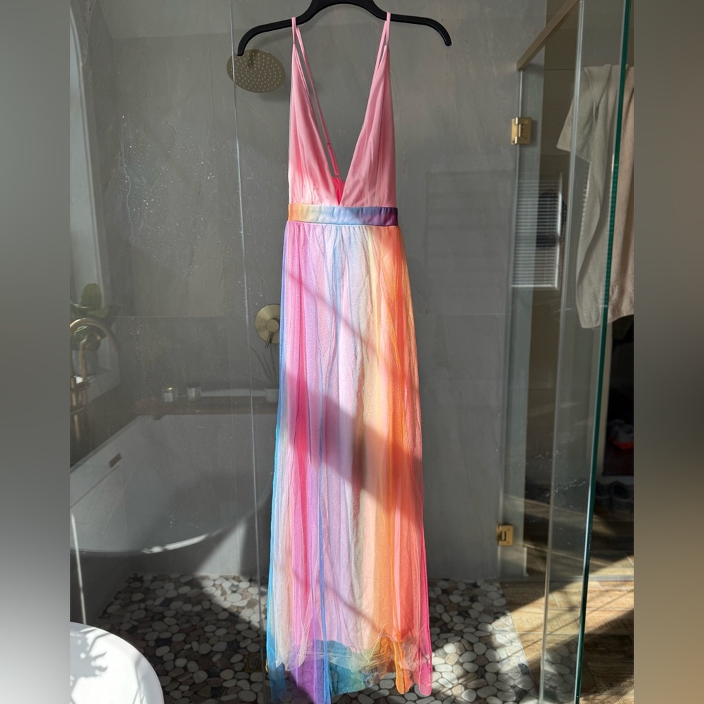 Rainbow Spaghetti Straps V-Neck Maxi Dress